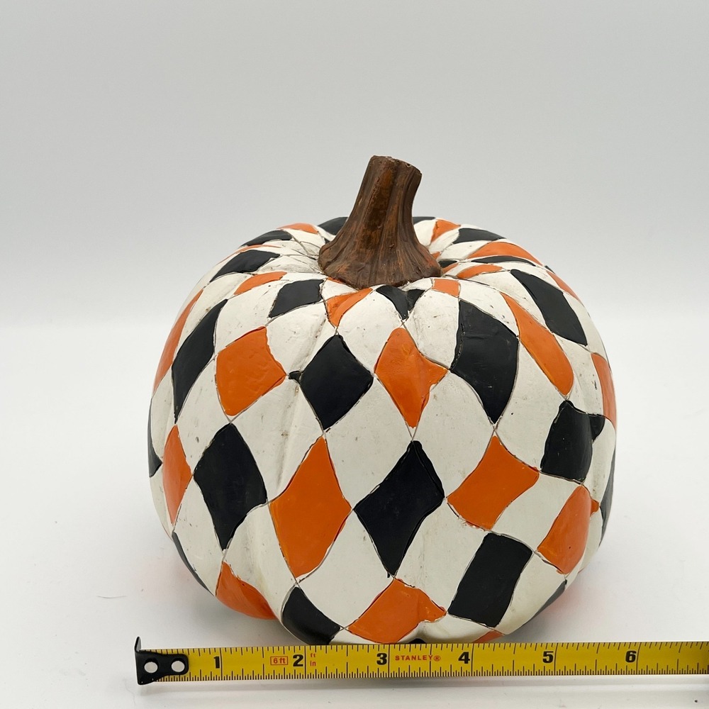 Vintage Black Orange White Hand Painted Harlequin Halloween Pumpkin Decor Fall - Picture 11 of 11